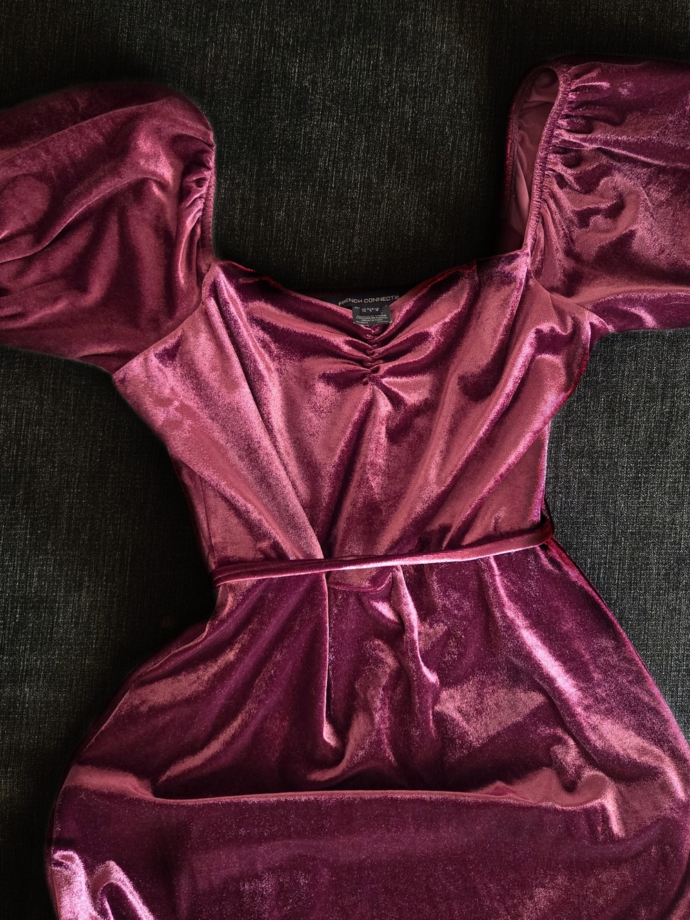 French Connection Plum Purple Velvet Puff Sleeve Mini Dress Smocked Back 6